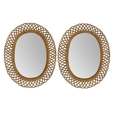 Manifattura italiana, Coppia di specchi da parete in rattan, midollino, bambù e vetro specchiato ...