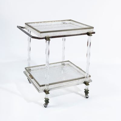 Manifattura italiana, Carrello in perspex con struttura in metallo argentato e ottone (anni 70)