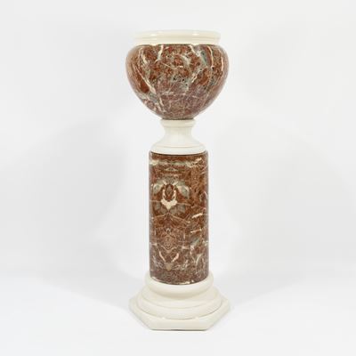 Colonna decorativa con vaso in ceramica policroma effetto marmo