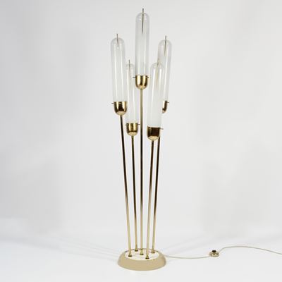 Lampada da terra in ottone e vetri di Murano (trasparente e lattimo), anni ’70