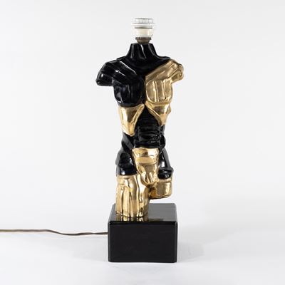 Enrico Manera, lampada da tavolo in ceramica policroma (attribuito), anni ’70