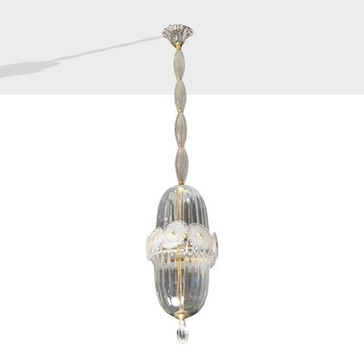 Lampada a sospensione in vetro trasparente e ottone (Murano, anni '50)