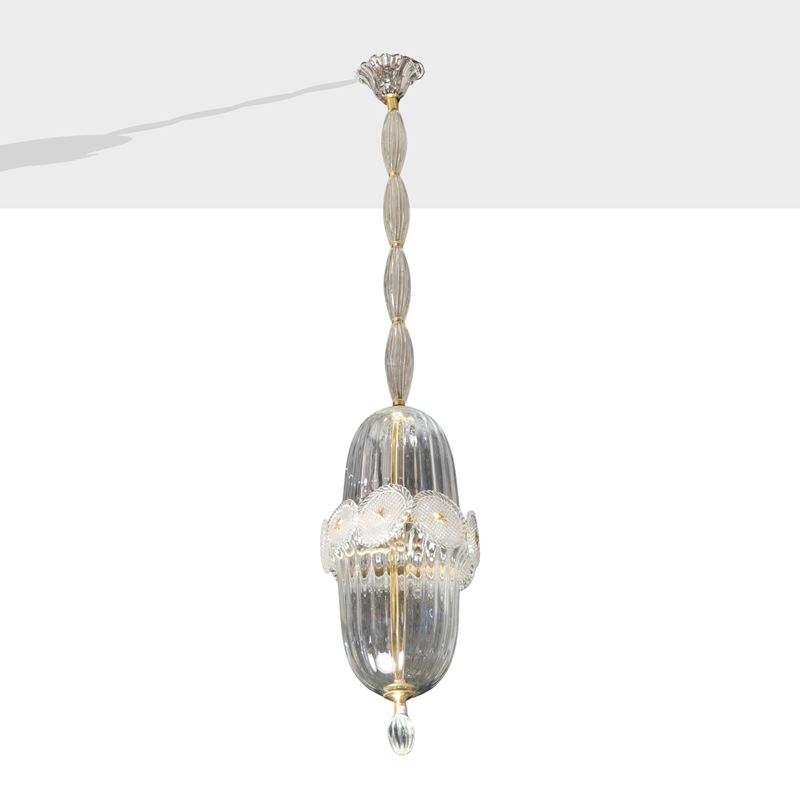 Archimede Seguso - Lampada a sospensione in vetro trasparente e ottone (Murano, anni '50)