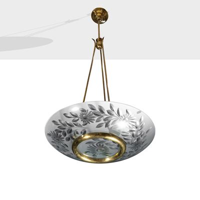 Fontana Arte, Lampada a sospensione nello stile di, vetro trasparente e satinato con dettagli in ...