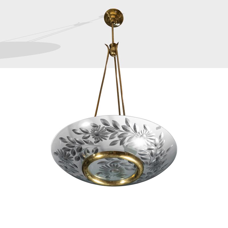 Fontana Arte, Lampada a sospensione nello stile di, vetro trasparente e satinato con dettagli in ...