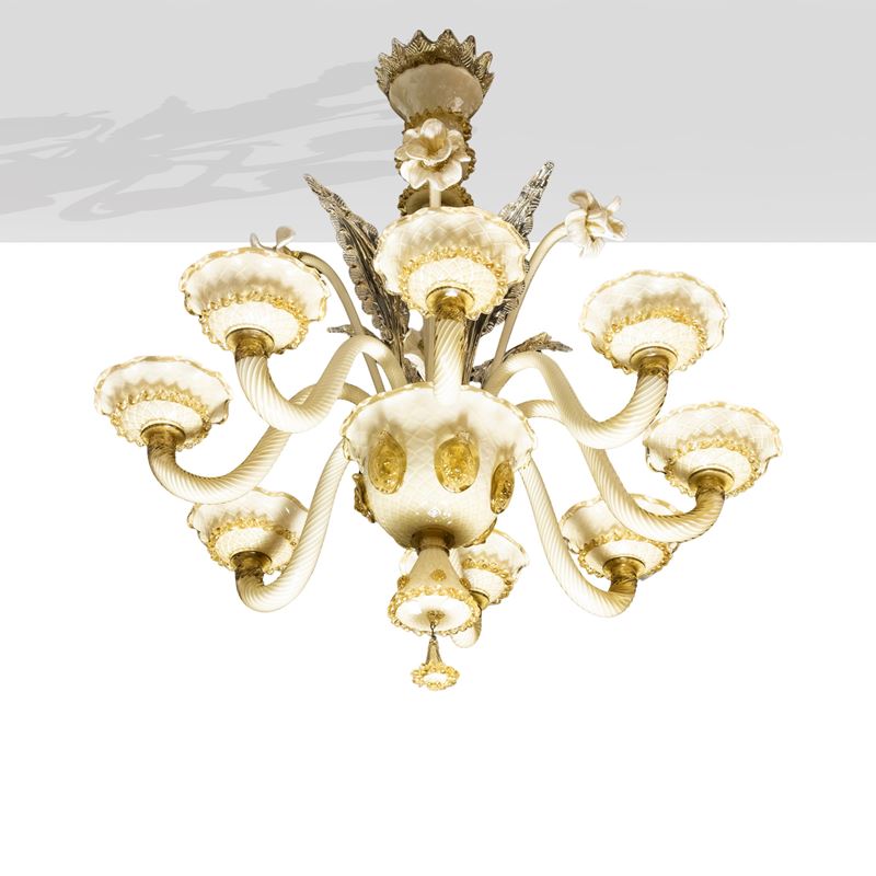 Venini (attrib.), Lampada a sospensione in vetro di Murano con vetro trasparente, lattimo e color...
