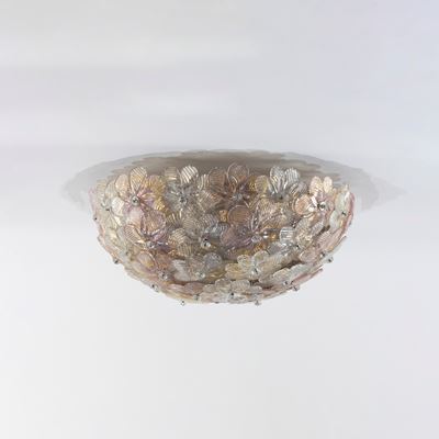 Lampada da soffitto in metallo verniciato e ottone con fiori in vetro soffiato (Murano, anni 50-6...