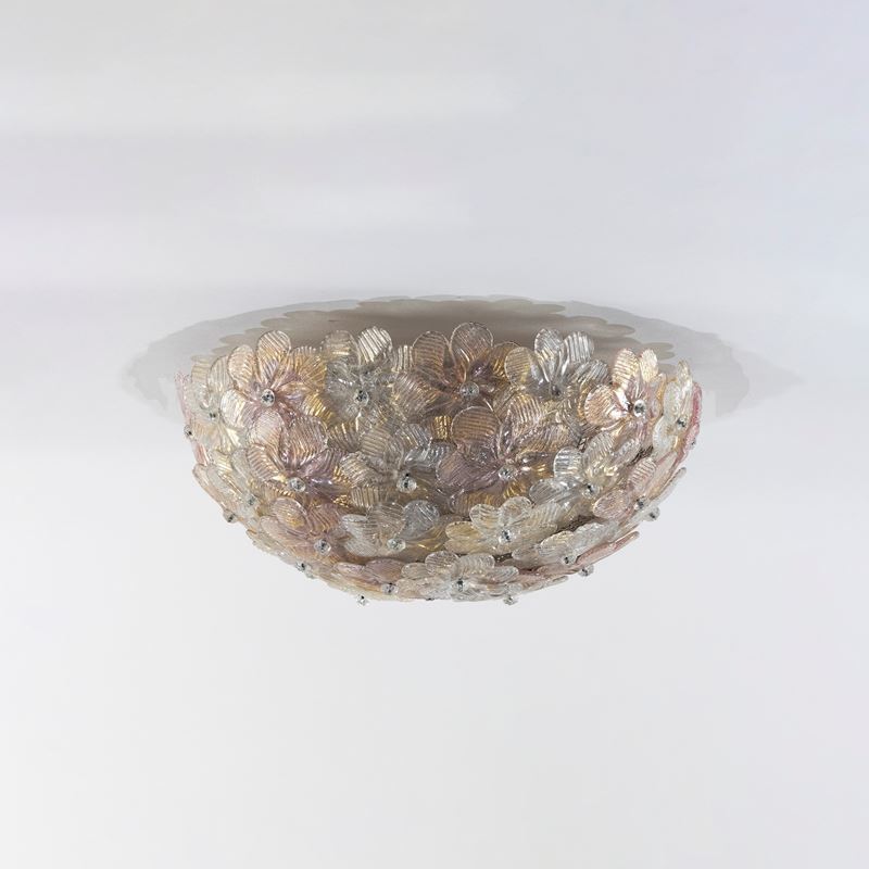 Flavio Poli - Lampada da soffitto in metallo verniciato e ottone con fiori in vetro soffiato (Mur...