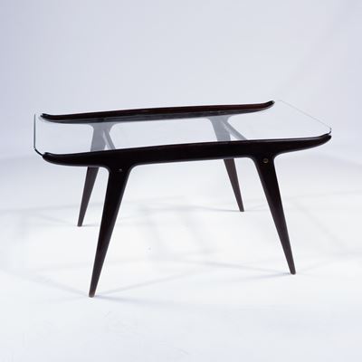 Tavolino basso in legno e vetro, anni ’50