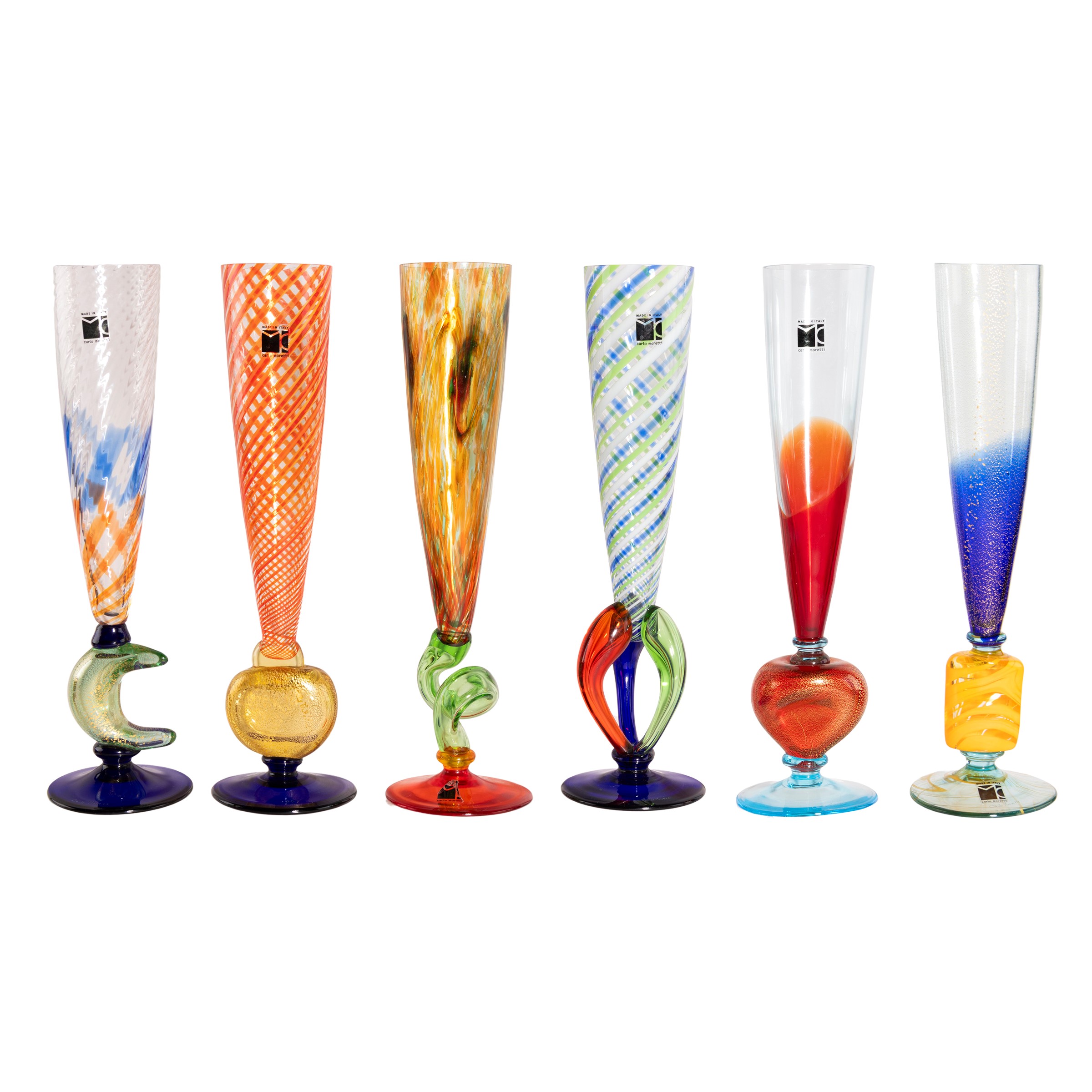 Carlo Moretti, Sei bicchieri a calice in vetro soffiato colorato (Murano, 1997)