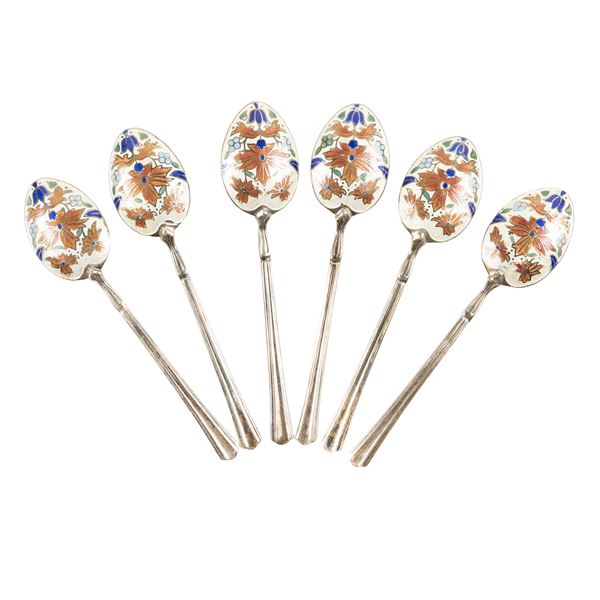 Set of 6 coffee spoons in silver and polychrome enamel
