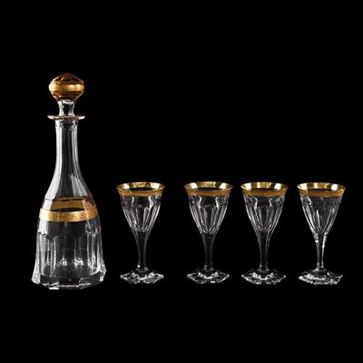 Moser, Servizio da liquore in cristallo trasparente con profilo dorato (bottiglia e quattro bicch...