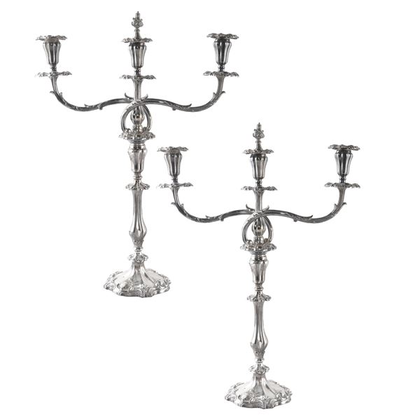 Pair of three-light silver candelabra