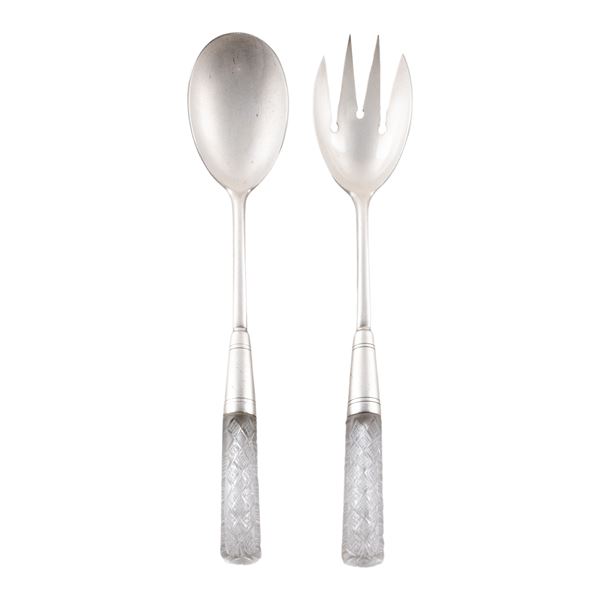 Pair of silvered metal and cut glass salad servers