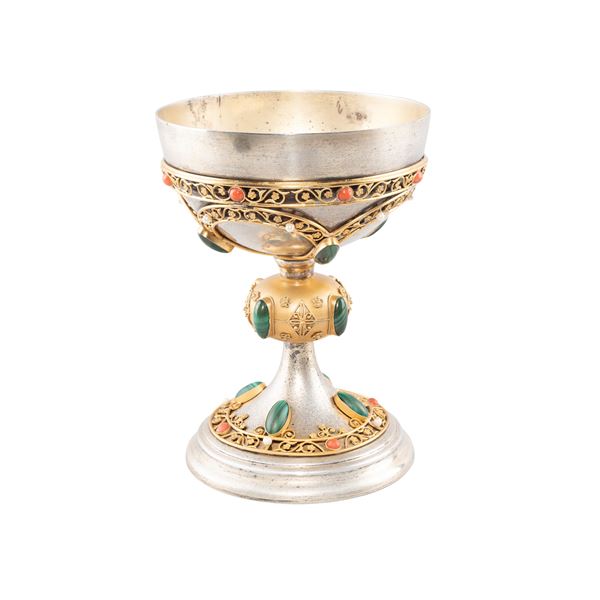 Ecclesiastical chalice in silver, vermeil and semiprecious stones