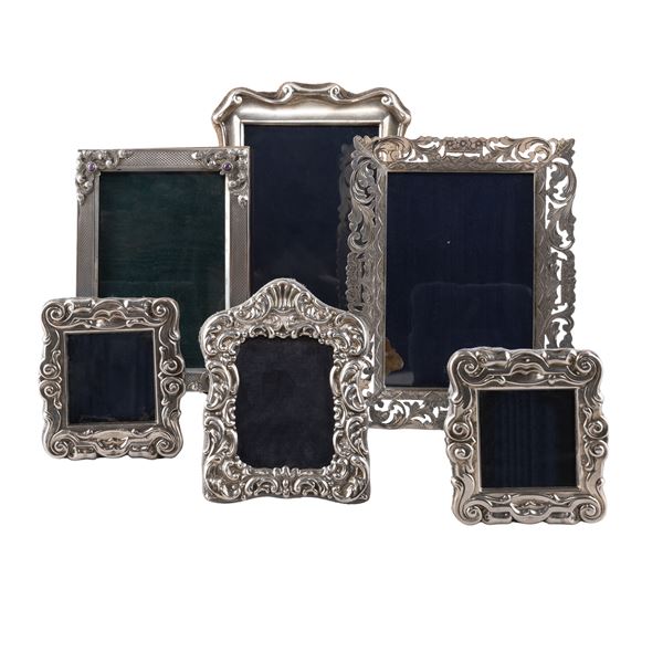 Group of 6 silver and fabric photo frames