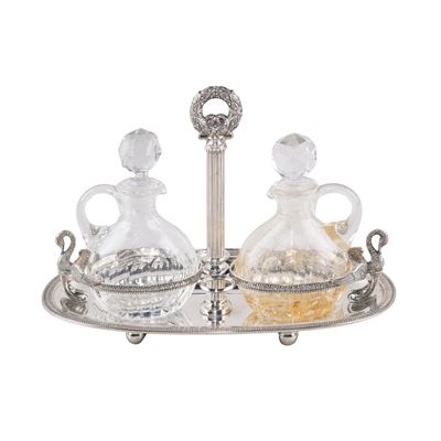 Oliera in Argento con Due Ampolle in Vetro Trasparente