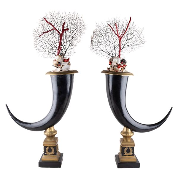 Pair of  gilded and burnished metal cornucopias