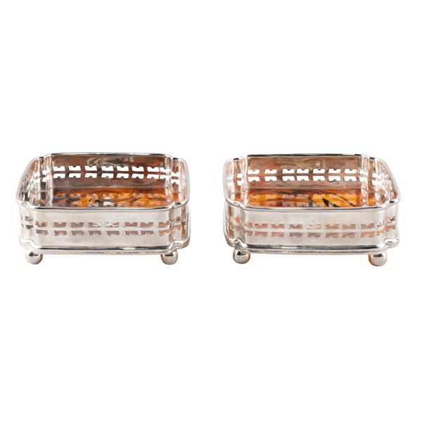 Pair of silvered metal and resin bottle coasters