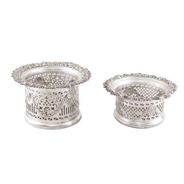 Two silvered metal and wood  bottle coasters