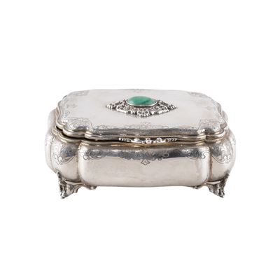 Cofanetto rettangolare in argento con coperchio in malachite, anni Trenta-Quaranta, Italia