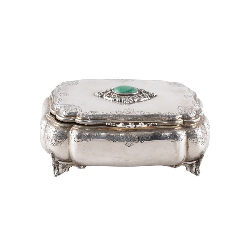 Cofanetto rettangolare in argento con coperchio in malachite, anni Trenta-Quaranta, Italia