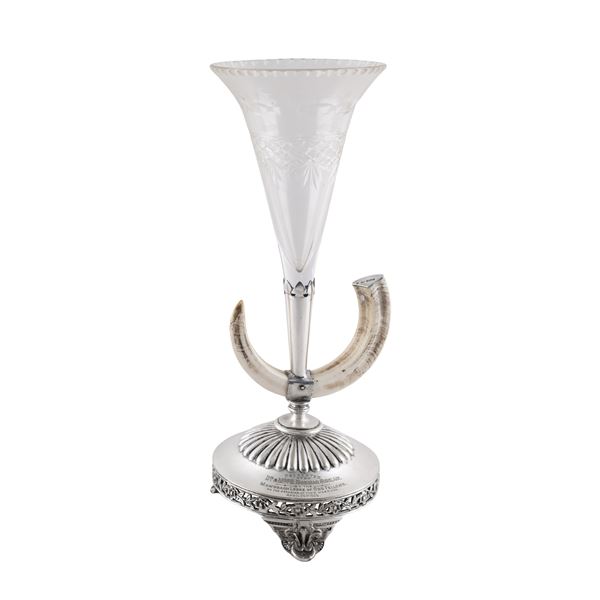 Silver, metal, glass and horn flower holder centerpiece