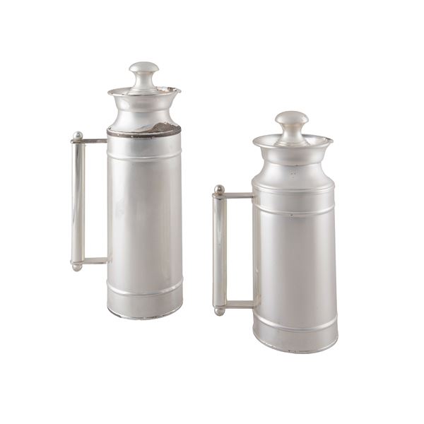 Pair of silvered metal thermal carafes