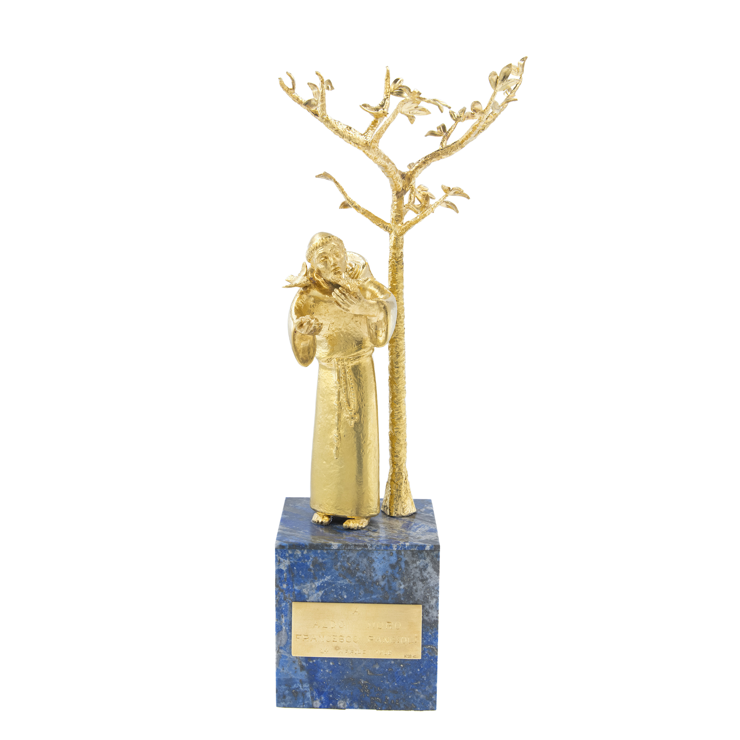 Bino Bini, Scultura in oro giallo 18 kt raffigurante San Francesco con uccellini