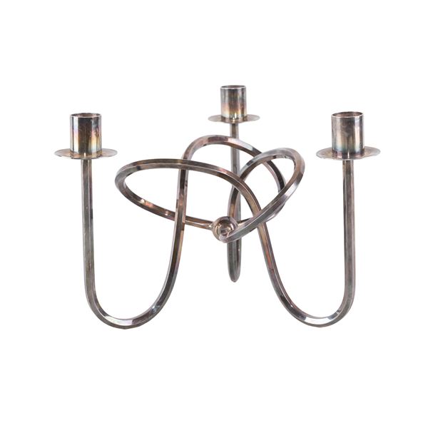 Three-light silvered metal candelabra