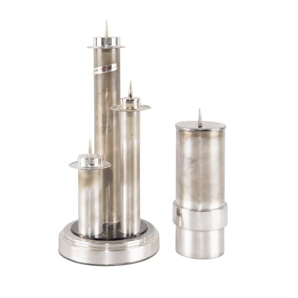 Silver and perspex candelabra and a candlestick