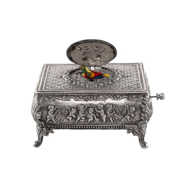 Silver musical box with singing-bird automaton