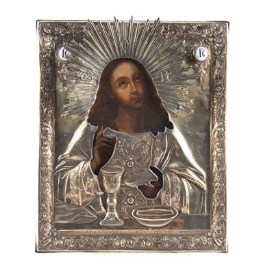 Icona con riza in vermeil e smalti raffigurante Cristo, tempera su tavola