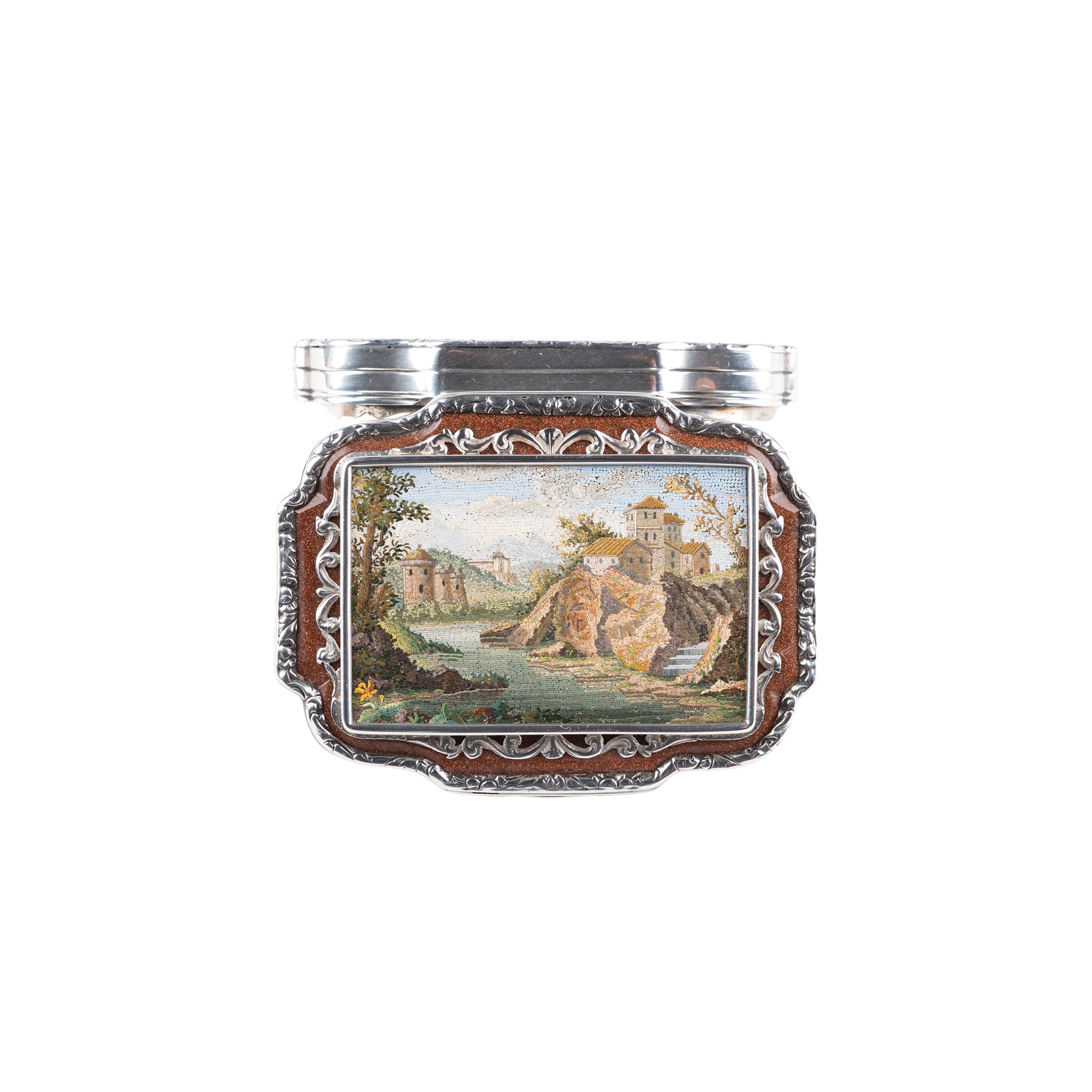 Tabacchiera in argento con micromosaico romano, avventurina e placca raffigurante Veduta della ca...