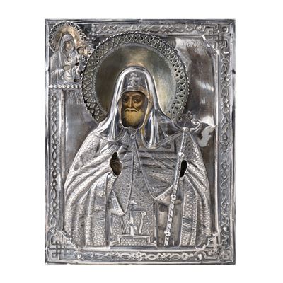 Icona con riza in argento raffigurante Santo Patriarca, tempera su tavola (San Pietroburgo, 1885)