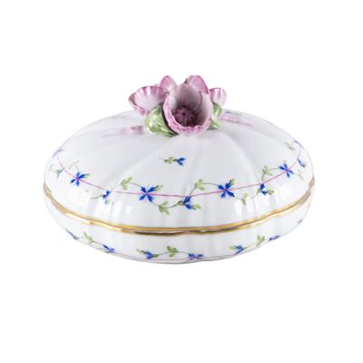 Herend, scatola circolare con coperchio decorazione “Ghirlanda blu”, porcellana policroma e dorat...