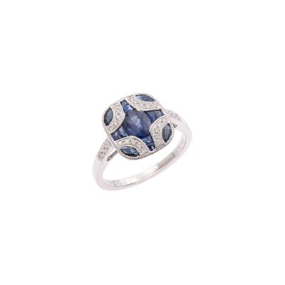 Anello in platino con zaffiri e diamanti, misura 14,5