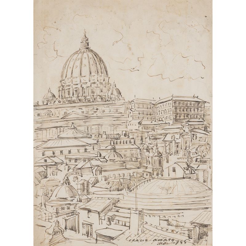 Orazio Amato - "veduta di Roma con Cupola di San Pietro"
