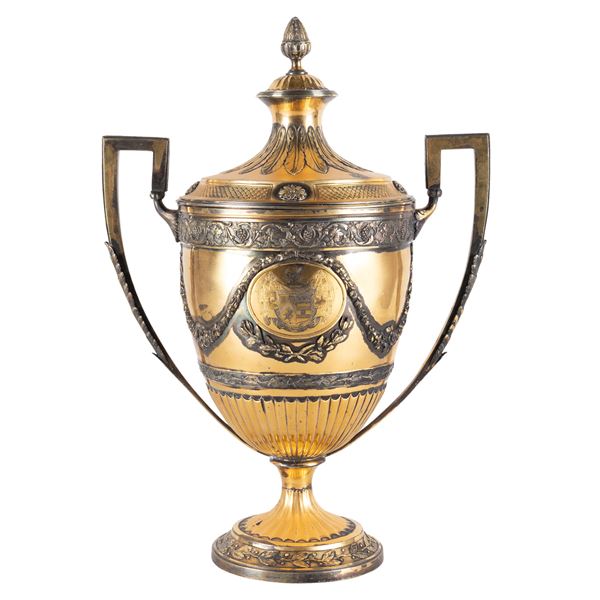 Large two handled vermeil cup with lid