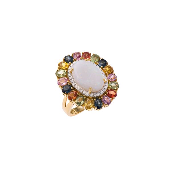 18kt yellow gold ring with harlequin opal, multicolor sapphires and diamonds