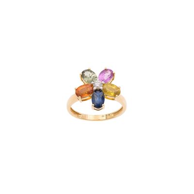 Anello fiore, oro giallo 18 kt con zaffiri ovali, diamante taglio brillante (mis. 13)