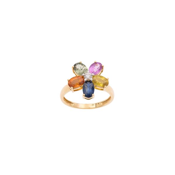 18kt yellow gold with colored sapphires and diamonds flower ring  - Auction JEWELS AND WATCHES WEB ONLY - Colasanti Casa d'Aste