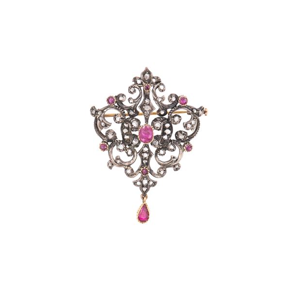 Antica spilla pendente in oro giallo 18kt e argento