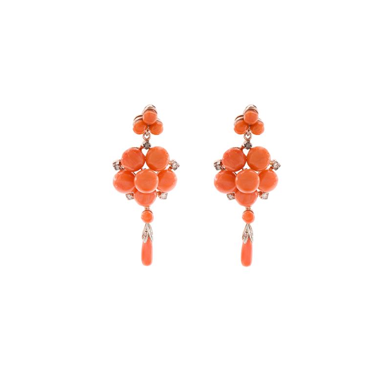 Orecchini Pendenti in Oro Rosa 9 Kt Argento e Corallo Sciacca