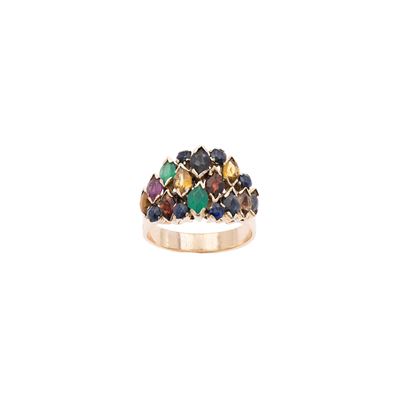 Anello, oro giallo 18 kt con zaffiri, calcedonio verde, granati, quarzi citrini, rubini e occhio ...