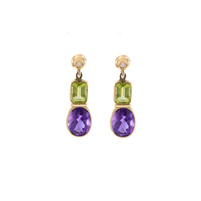 Orecchini Pendenti in Oro Giallo 18kt Ametiste, Peridoti e Diamanti