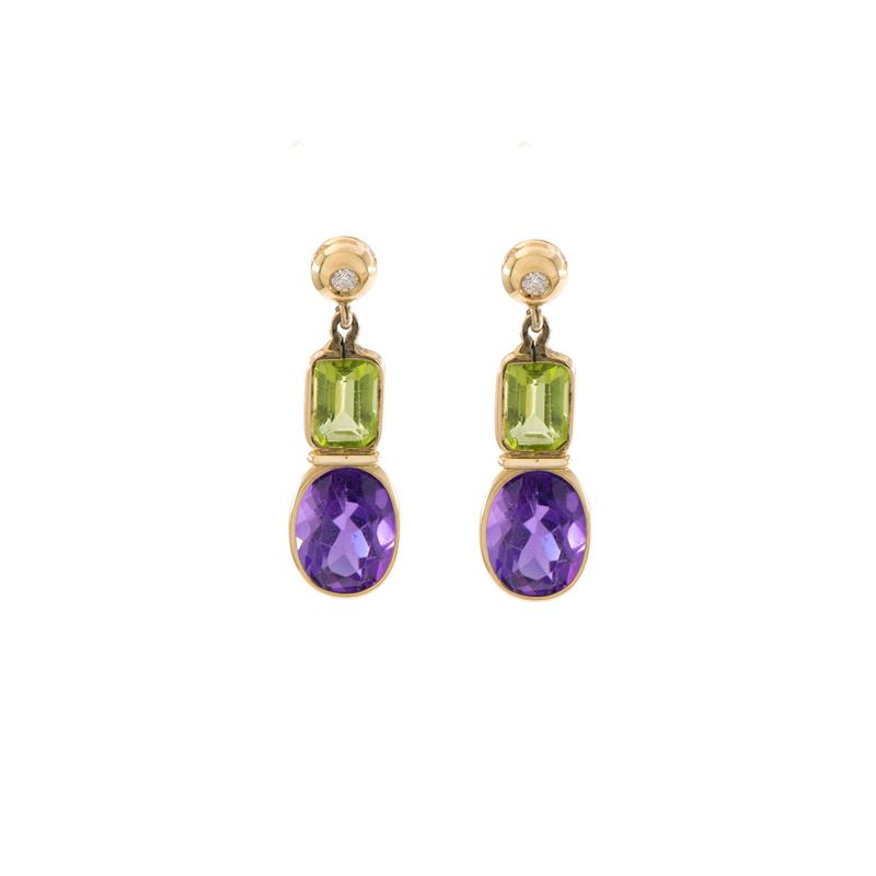 Orecchini Pendenti in Oro Giallo 18kt Ametiste, Peridoti e Diamanti