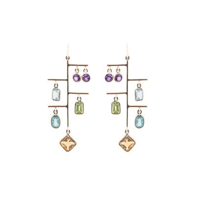 Orecchini pendenti in oro rosa 9 kt con quarzi citrini, topazi azzurri, acquamarine e peridoti