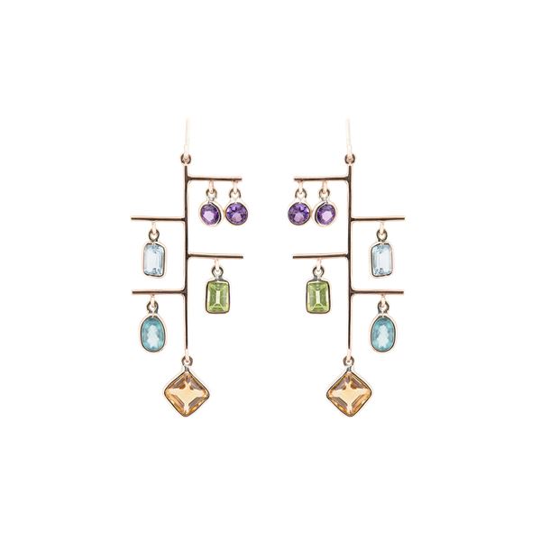 9kt rose gold pendant earrings with multicolor stones