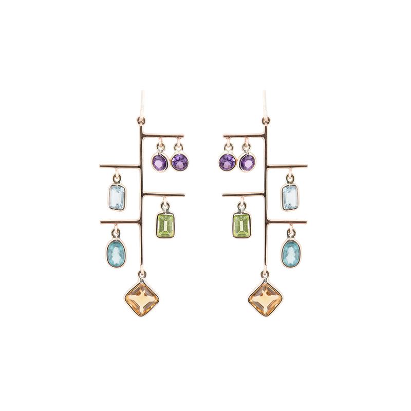 Orecchini pendenti in oro rosa 9 kt con quarzi citrini, topazi azzurri, acquamarine e peridoti